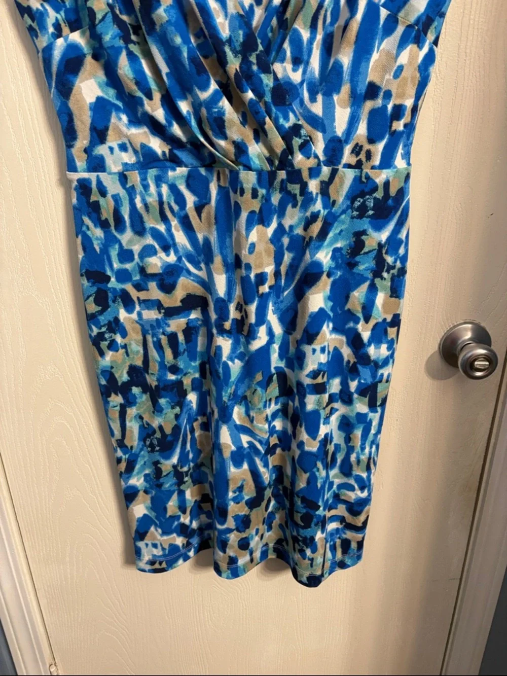 Ann Taylor Blue and Tan Abstract Faux-Wrap Midi Dress - Picture 5 of 8